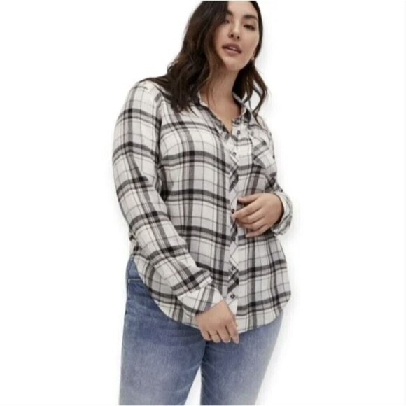 Torrid Relaxed Fit Brushed Rayon Button-Up Plaid Striped Long Sleeve Shirt Sz 00 - Picture 1 of 15